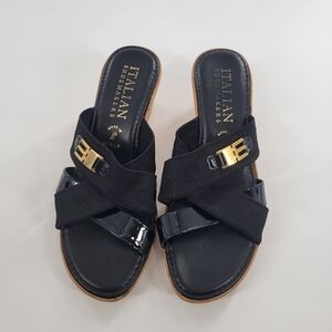 Italian Shoemakers Black Wedge with Gold Detail Size 7.5